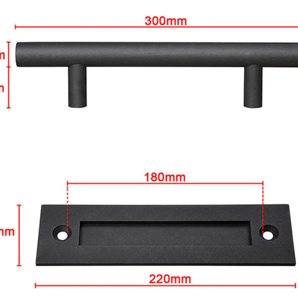 Black cabinet handle with measurements on a white background