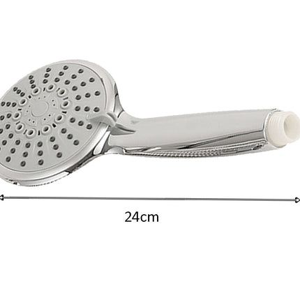 Handheld shower head with measurement label on a white background