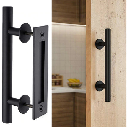 Black door handles on a wooden door with a kitchen background