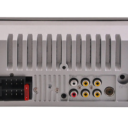Rear view of a silver electronic device with a ribbed metal heatsink, a black multi-pin connector with a red switch, and three yellow, red, and white audio input jacks on a white background.