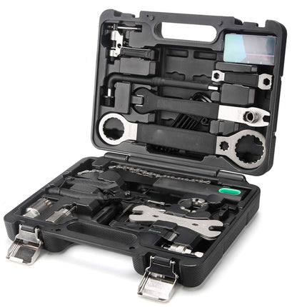 Black tool kit with various tools inside on a white background