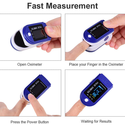 Step-by-step guide on using a finger oximeter with close-up images of the device.