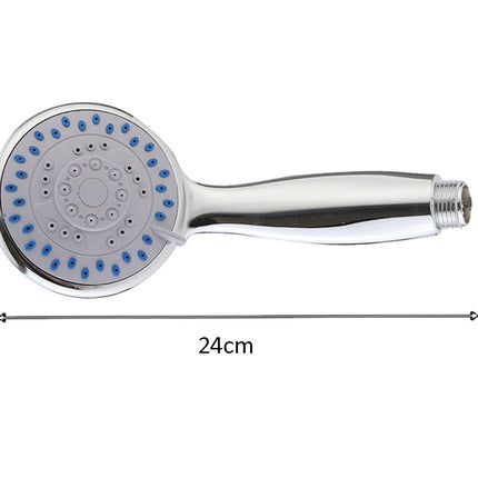 Handheld shower head with measurement label on a white background