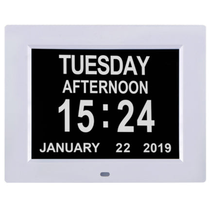 Digital clock displaying date, time, and day of the week on a white background
