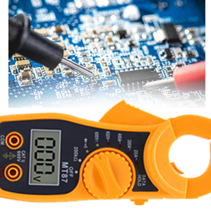 Digital multimeter with a close-up of a hand using a soldering iron on a circuit board.