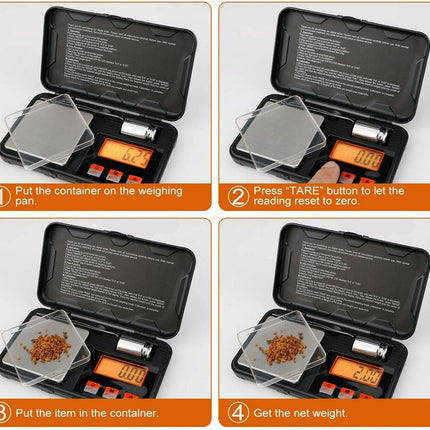 Instructions for using a digital scale with a container on a white background