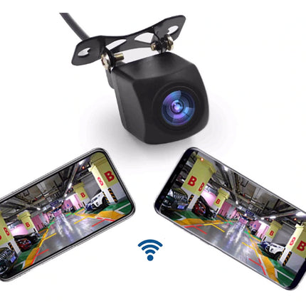A black rear-view backup camera with a mounting bracket, shown above two smartphones displaying a parking garage scene, with a blue wireless signal icon between the phones on a white background.