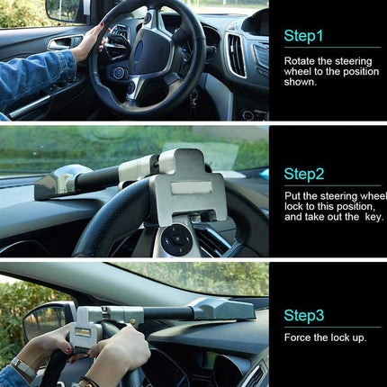 Three-panel instructional graphic showing how to unlock a car steering wheel lock. Step 1 shows a hand rotating the steering wheel to a position.
