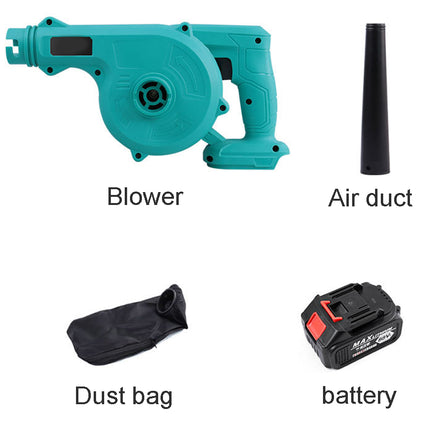 A cordless blower kit shown on a white background with labeled parts: a teal blower unit, a black air duct nozzle, a black dust bag, and a black battery. Text labels identify each component.