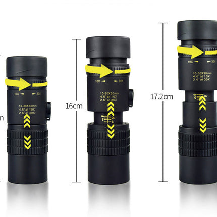 Three black monoculars with yellow labels and measurements on a white background