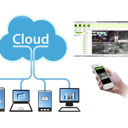 Illustration of cloud connectivity with devices and a computer screen.