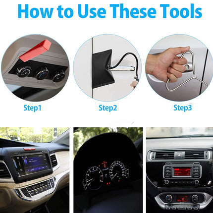 Instructional graphic titled 'How to Use These Tools' showing three circular steps and three car-dashboard close-ups. The top row demonstrates mounting or attaching two black hook-like tools to a car panel and holding one with a hand.