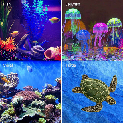 Four aquarium scenes with fish, jellyfish, coral, and a turtle.