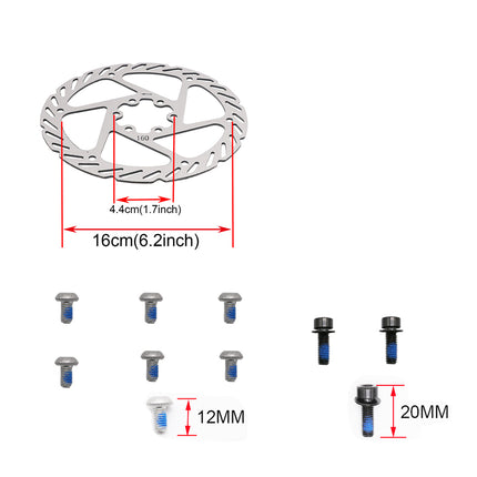 Bicycle disc brake rotor with mounting bolts and measurements on a white background