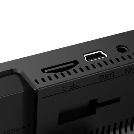 Close-up of the side port area of a black electronic device, showing a HDMI port, USB port, TF card slot, and audio jack labeled NAV, USB, TF, and RESET.