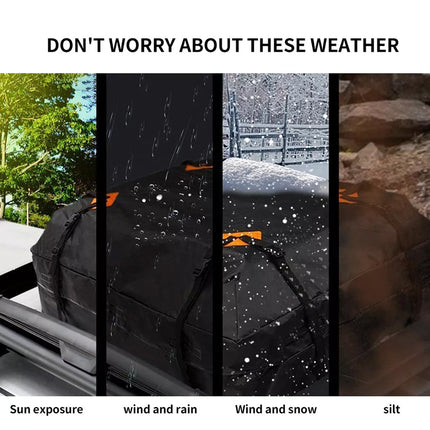 Black car cover exposed to various weather conditions with text 'Don't worry about these weather'.