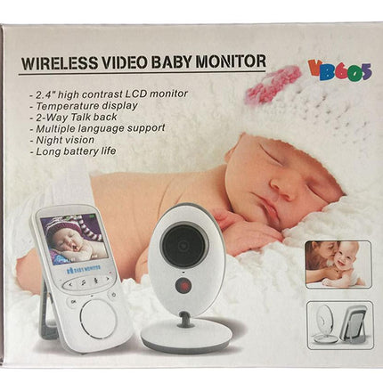Wireless video baby monitor packaging with baby images and features listed.