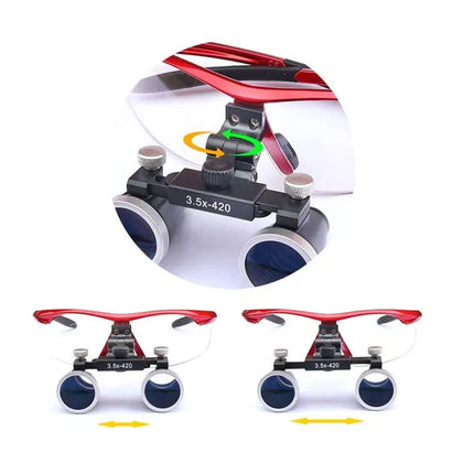 Red and black magnifying loupes shown on a white background, with a circular close-up inset of the hinge area and two side views below indicating horizontal adjustment.