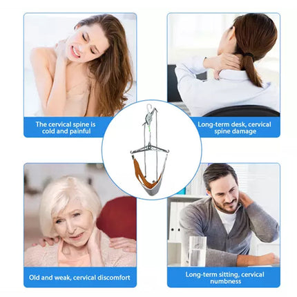 Product advertisement showing people with neck and shoulder issues and a cervical spine model.