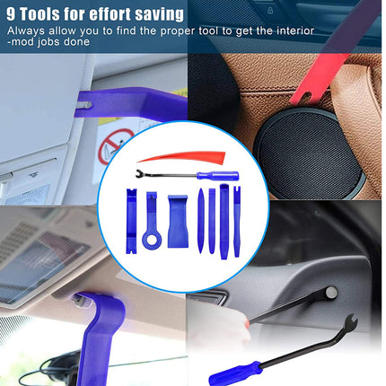 A 9-tool car interior accessory set shown in a collage with text at the top reading '9 Tools for effort saving.' The set includes several blue plastic tools and one red tool, displayed alongside examples of use in a car, such as adjusting sun visors and speaker trim.