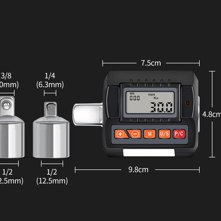 Digital torque wrench with measurement details on a black background