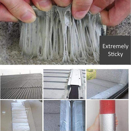 Sticky adhesive being pulled apart with text 'Extremely Sticky' and various application scenarios.