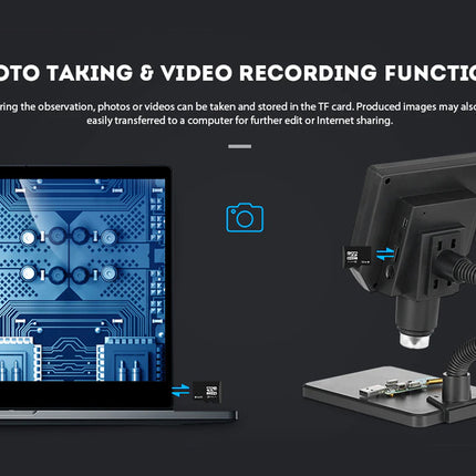 A digital product graphic showing a USB microscope with a flexible arm and stand, alongside a laptop displaying a blue circuit board image on screen. White text at the top reads 'PHOTO TAKING & VIDEO RECORDING FUNCTIONS' with additional descriptive copy about taking photos and storing images on a TF card.