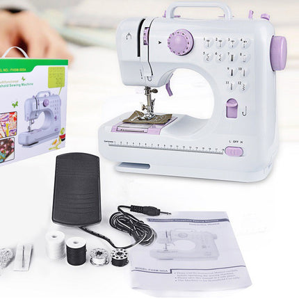 White sewing machine with accessories on a white background