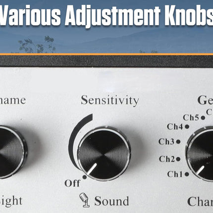 Set of adjustment knobs labeled Iuminame, Sensitivity, and Gear with a scenic background.