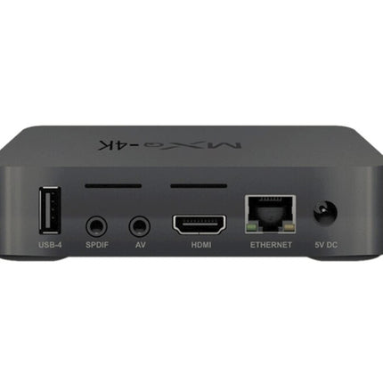A dark gray MX3 4K HDMI receiver box with labeled ports including USB-4, SPDIF, AV, HDMI, ETHERNET, and 5V DC, shown on a plain white background.