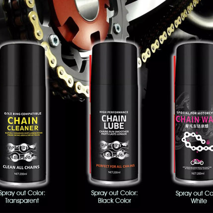 Three chain care products with labels for cleaner, lube, and wax on a motorcycle chain background.