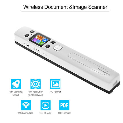Wireless document and image scanner with features listed on a white background
