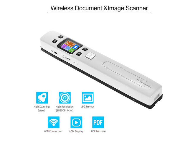 Wireless document and image scanner with features listed on a white background