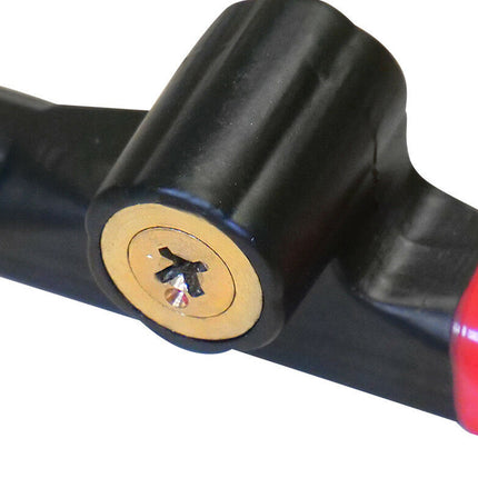 Close-up of a black and red handlebar with a gold center piece on a white background