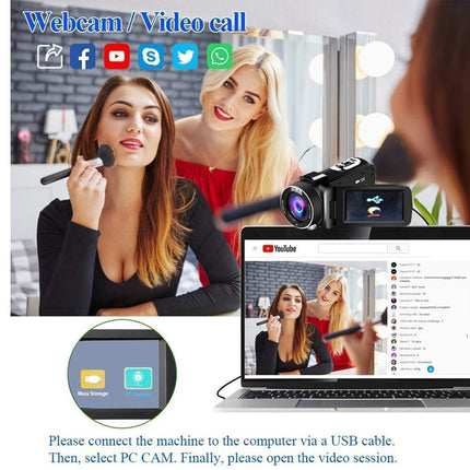 Makeup tutorial with two women, webcam, and laptop on a white background