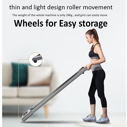 Person using a vacuum cleaner with text about thin and light design, roller movement, and easy storage wheels.