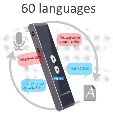A digital promotional graphic for a translator device showing a slim black handheld device with a screen, surrounded by speech bubbles in multiple colors and the text '60 languages' on a white background.