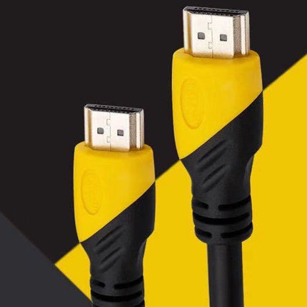 Two HDMI cables with yellow and black striped sheathing on a black and yellow striped background.