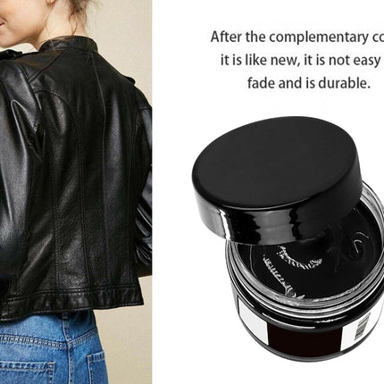Black leather jacket on a person with a jar of black wax on a white background