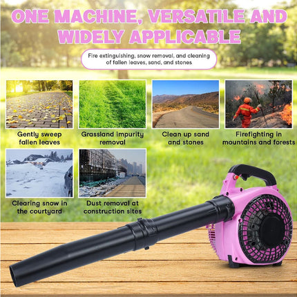 Pink leaf blower with various applications on a wooden surface