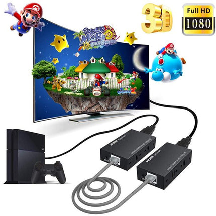 HDMI splitter with gaming console and TV displaying a colorful game scene on a white background.
