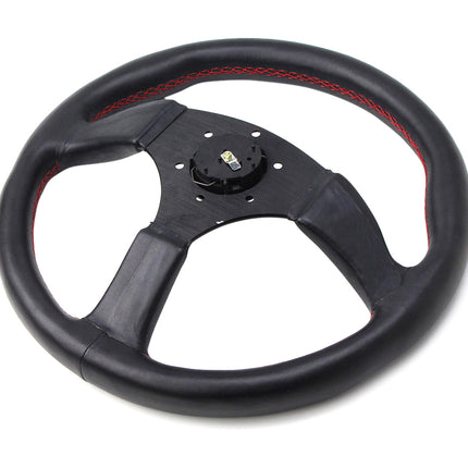 Black steering wheel with red stitching on a white background