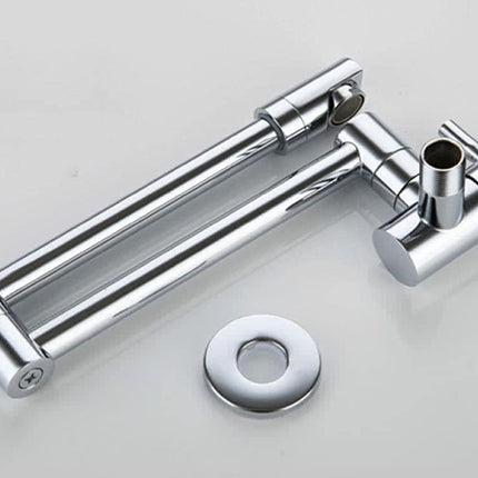 A polished chrome wall-mounted faucet with a long horizontal spout and a separate round mounting bracket, shown on a light gray background.