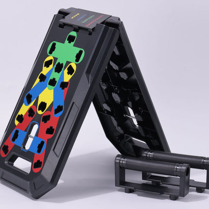 Black folding stand with colorful pattern on a light gray background