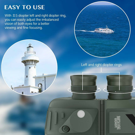 Binoculars with diopter rings on a scenic background of a lighthouse and boat.