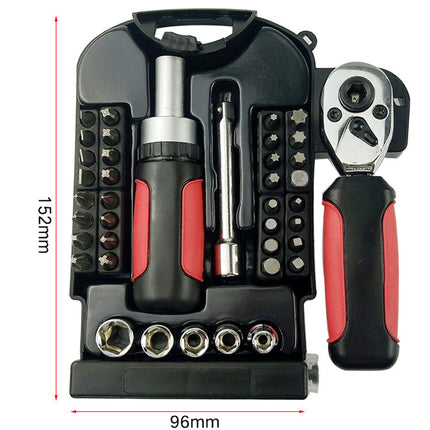 Tool kit with ratchet wrench, screwdriver, and various bits on a white background