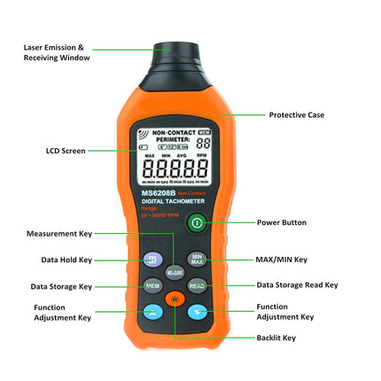 An orange and black digital perimeter laser tachometer shown on a white background with labeled callouts pointing to its features, including LCD screen, protective case, measurement key, power button, and other buttons.