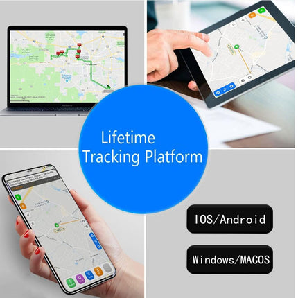 Collage of devices with mapping software and promotional text for a lifetime tracking platform on a gray background.