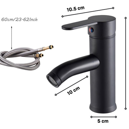 Black faucet with hose and measurement details on a white background