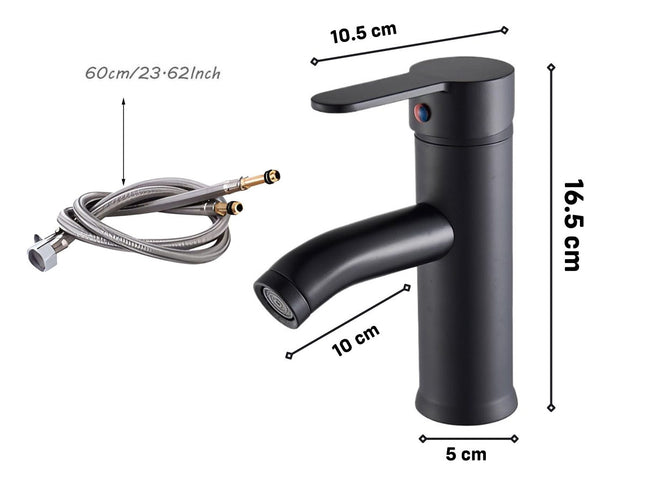 Black faucet with hose and measurement details on a white background